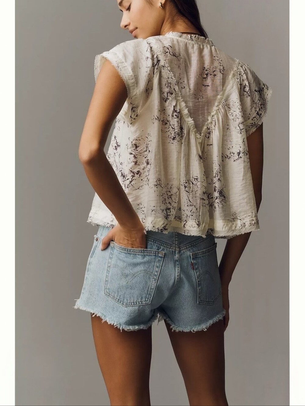 ANTHROPOLOGIE French Country Cream Blue Printed Peasant Top Cottage Core S NWT